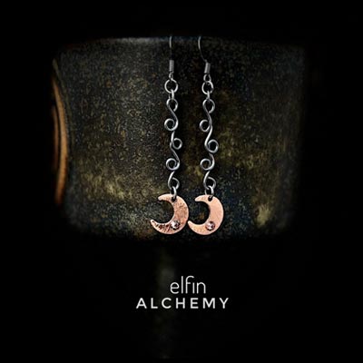 elfin alchemy vine scroll crescent moon earrings